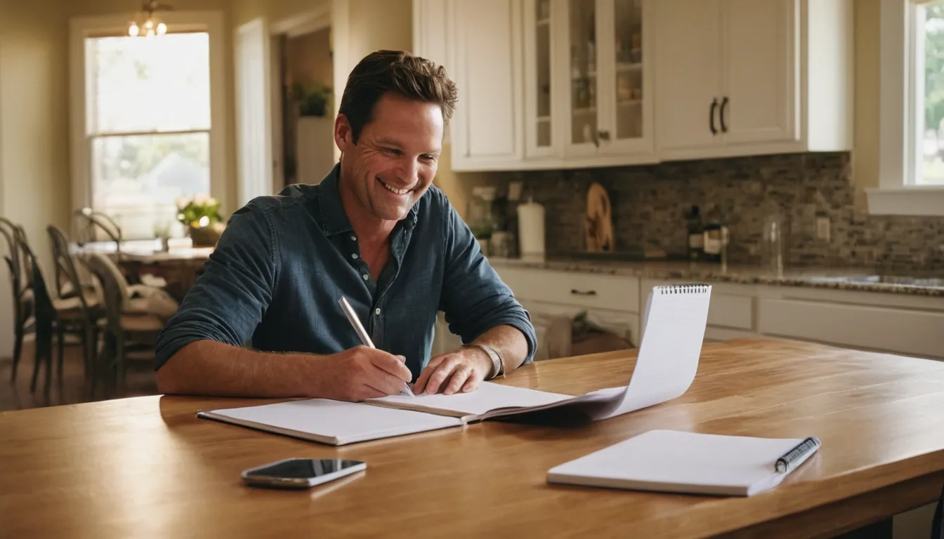 A homeowner reviewing remodel plans at a kitchen table